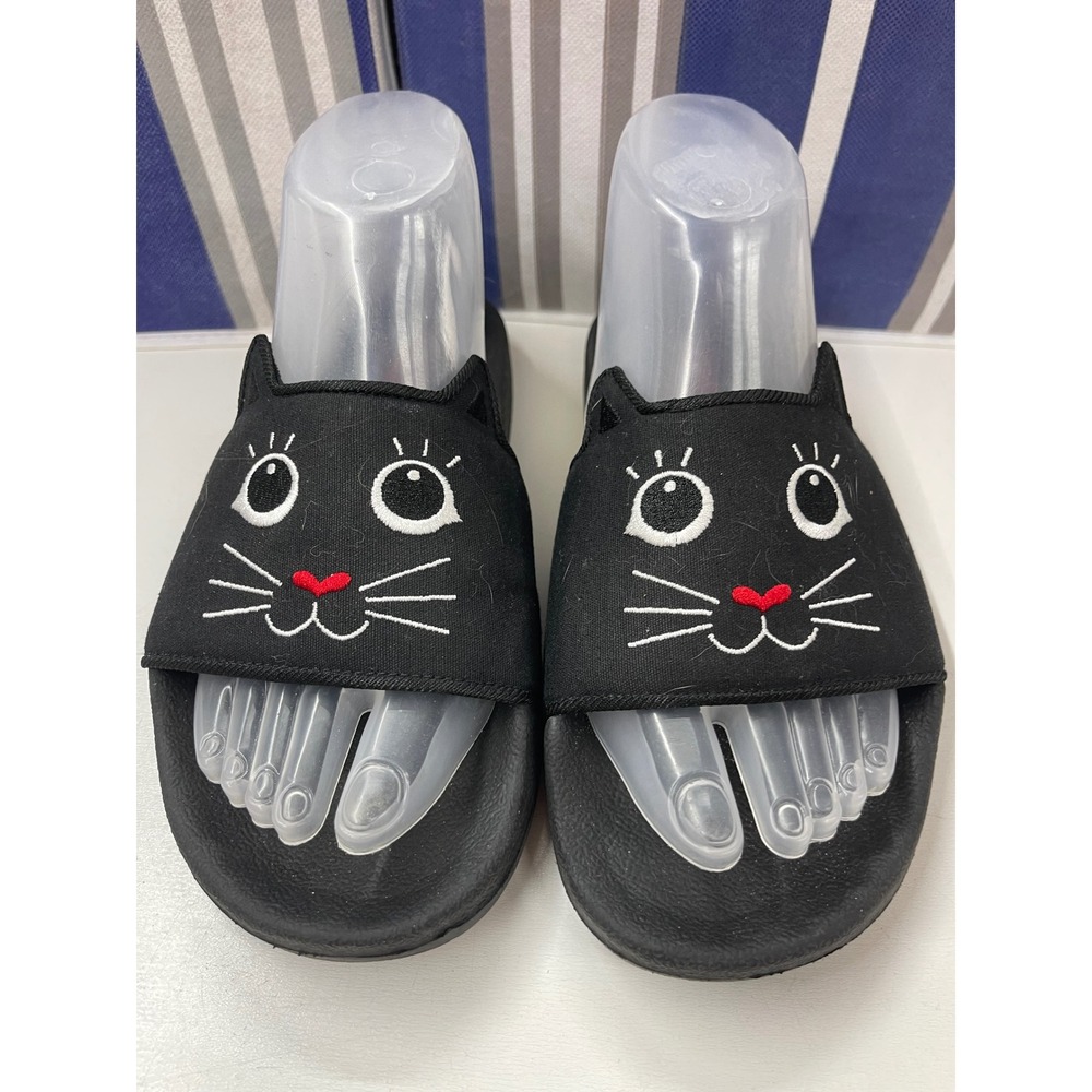 BOBS from Skechers Black Cat Face Plush Foam Slide Sandals Womens 8